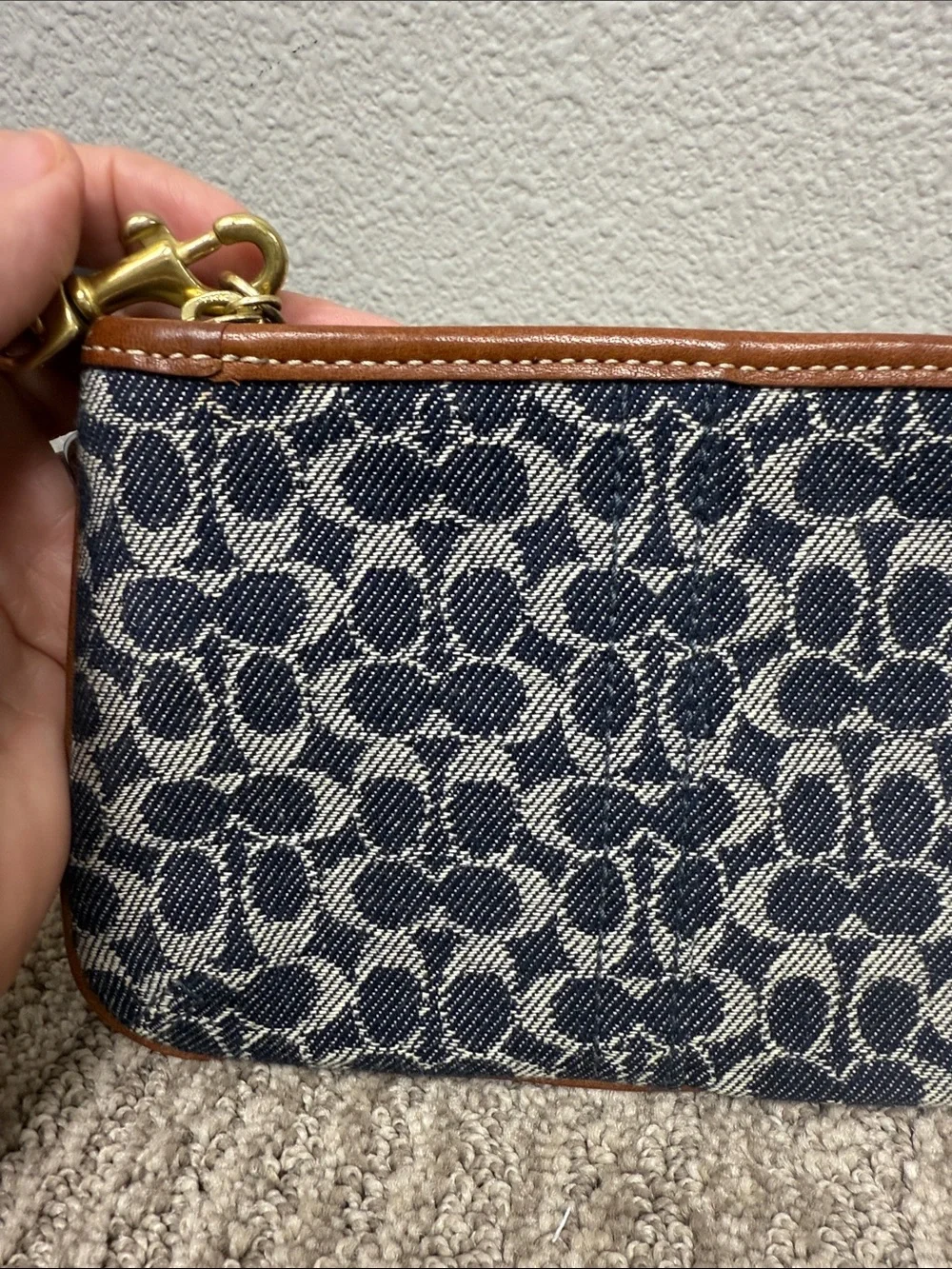 Vintage Coach Signature Blue Bleeker Tattersall and Brown Leather Wristlet
